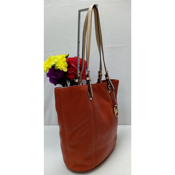 Michael Kors Jet Set Salmon Orange Pebbled Leather Double Handle Tote Bag - Picture 3 of 16